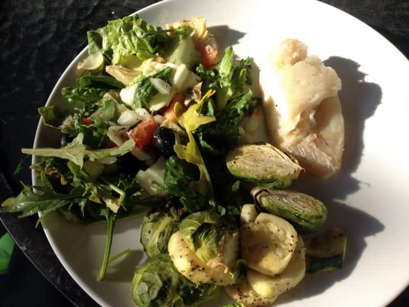 cod with salad and brussels sprouts