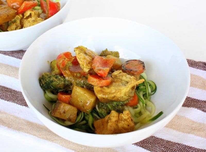 Chicken and Vegetable Banana Curry over Zucchini Noodles from Treble in the Kitchen