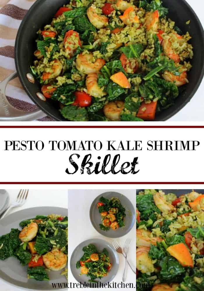 Pesto Tomato Kale and Shrimp Skillet from Treble in the Kitchen