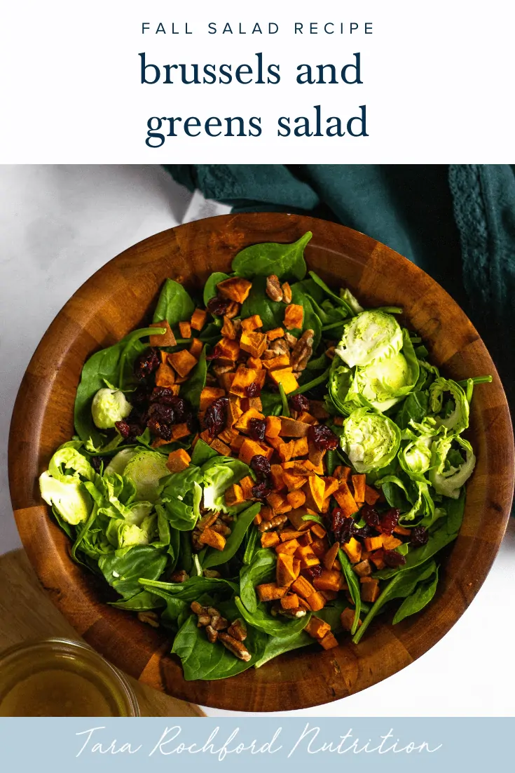 Brussels and Greens Salad with Roasted Sweet Potatoes, Pecans and Cranberries #fallsalad